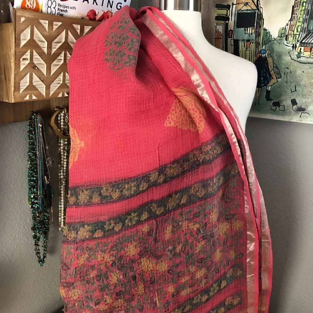 Silk Blend Floral Coral Pink Orange & Blue Paisley Metallic Wrap Scarf - NEW